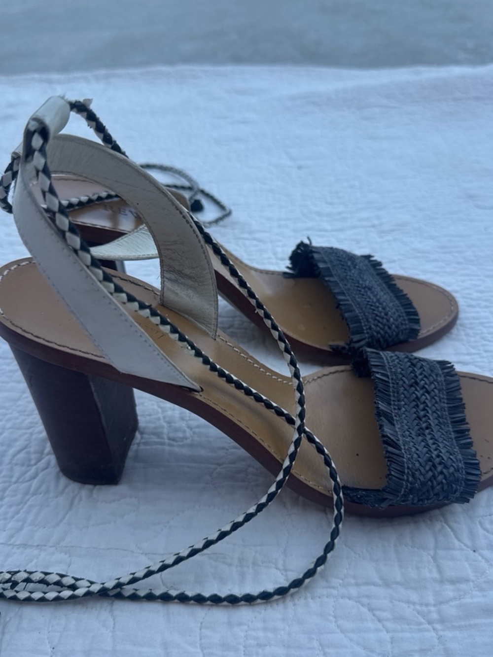 J. Crew Two-Tone Braided Block Heel Sandals in Black & Cream